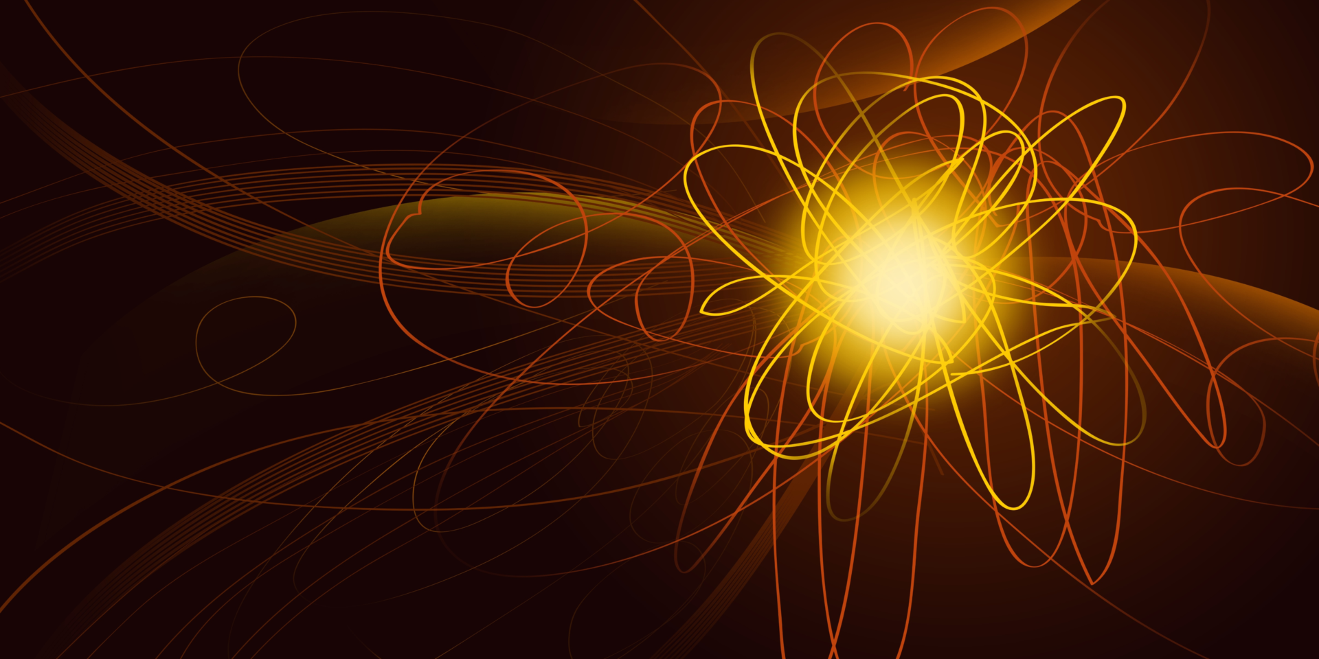 Dark abstract background with a bright yellow light at the center-right, emitting tangled orange and yellow glowing lines.